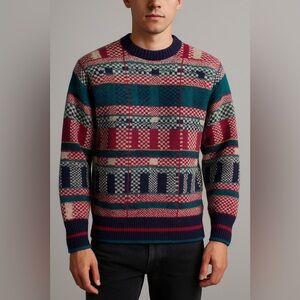 Vintage Neiman‎ Marcus Shetland Wool Sweater Multicolor Geometric Made HK M